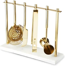 Set of 4 Twine Barware Hawthorne Strainer, Citrus Knife, Ice Tongs Double Jigger