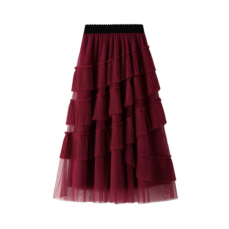 Ladies Mesh Tiered Skirt High Waist Asymmetric Ruffle Layered Tutu Midi Skirt