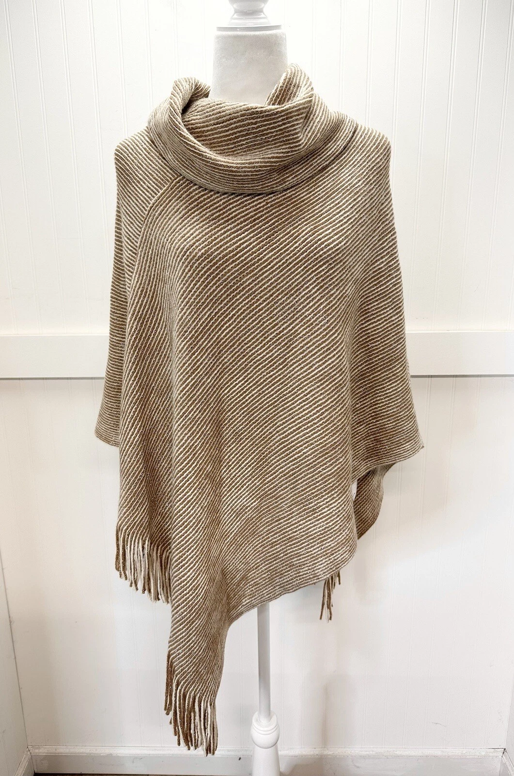Chicos Sweater Poncho OS Beige Tan Metallic Cowl Neck Western Fringe Cowgirl NEW