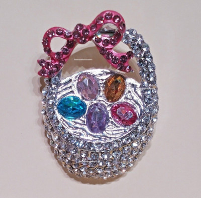 Easter Basket Pink White Colored Eggs Crystal Rhinestone Pin & Gold Bag