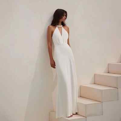 Simple White Ivory Wedding Dress Halter Neck Sleeveless Satin Beach Bridal Gowns | eBay Simple White Ivory Wedding Dress Halter Neck Sleeveless Satin Beach Bridal Gowns | eBay