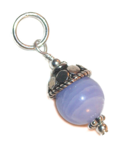 BALI .925 Sterling Silver GEMSTONE Charm 8mm Rd Purple BLUE STRIPE AGATE - Picture 1 of 2