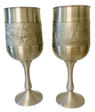 Thai Set 2 Pewter Elephant Dragon Boat Siam Ceremonial Chalice Goblet Thailand