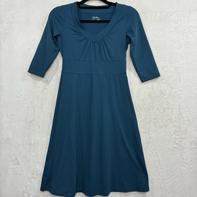 Eddie Bauer Travex A-line Dress  XS Jersey Knit 3/4 Sleeve V-Neck Stretch Teal