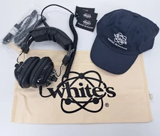 White's Metal Detector Merchandise Lot: Adjustable Headphones, Hat, Charger, +++