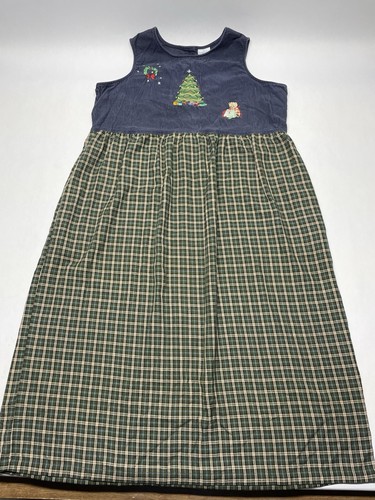 VTG Corduroy Tartan Plaid Christmas Embroidered Jumper Dress Sz 18/20 Holiday - Picture 3 of 22