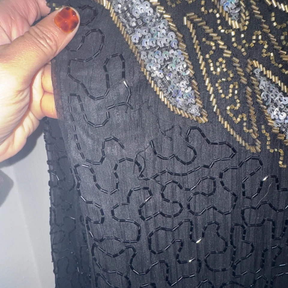 Vestido de Noche De Colección Años 80 Jewel Queen Plus Talla 20/22 Negro y Dorado Cuentas Seda Glamuroso Foto 3 de 4