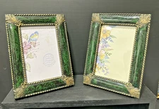 Green Black Gold Tone Faux Marbled Effect Ornate Photo Frames Set Of 2 Ribbons