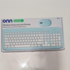 ONN Wireless Keyboard  Mouse, Dual USB, Plug  Play, 1600 DPI, Light Blue/White