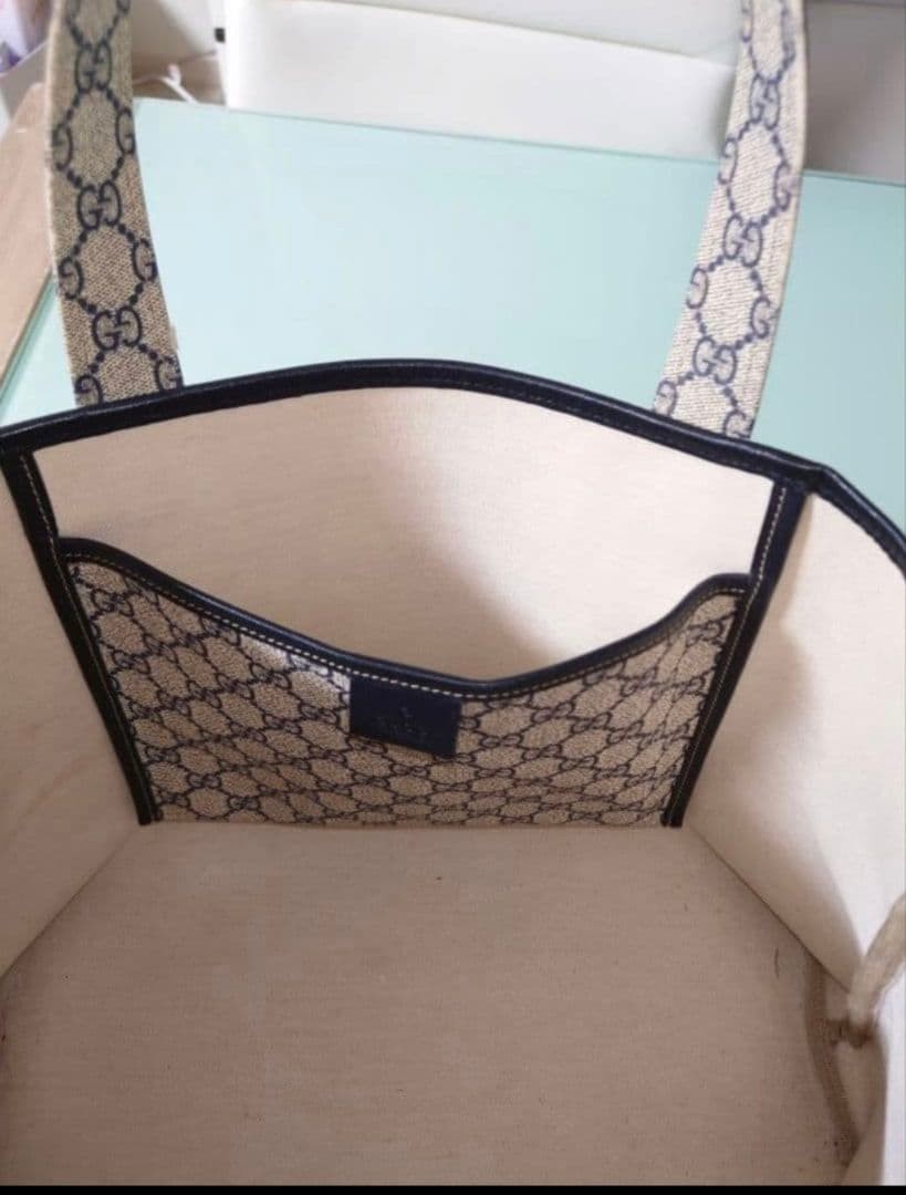 Gucci Tote Bag Canvas GG Pattern Beige Navy Authentic Excellent Condition thumbnail 5