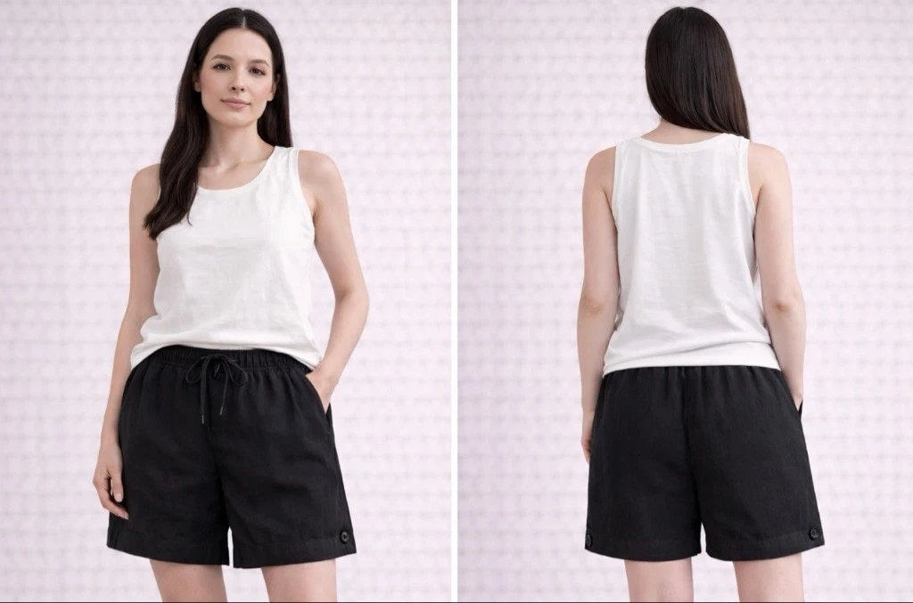 Eileen Fisher Black Organic Linen Drawstring Shorts M