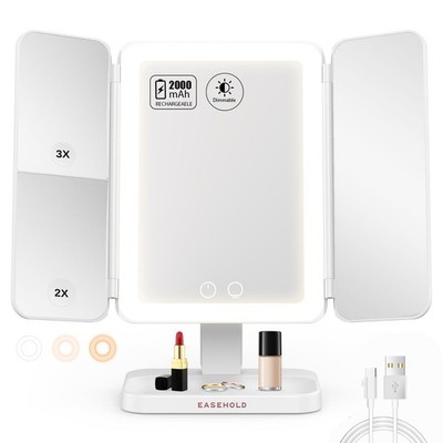 Lighted Trifold Vanity Mirror with 3X Magnification 3 Color Lights Touch