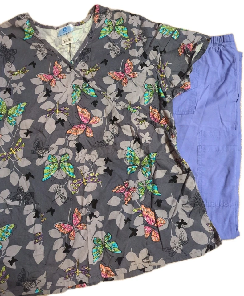 SB Scrubs Large Butterfly Dragonflies Scrub Top with Purple Bottoms Scrub Pants - Image 2 of 4