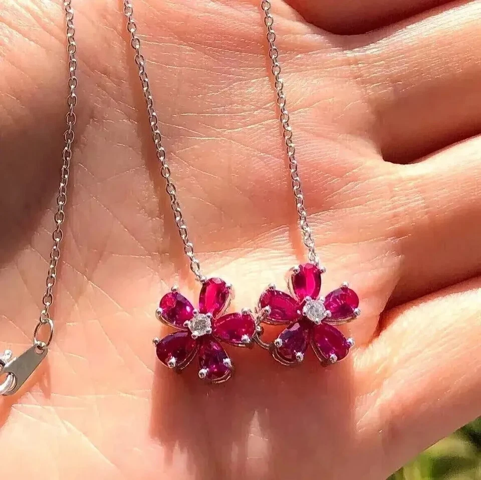 1.60Ct Pear Cut Lab-Created Ruby Flower Pendant 14K White Gold Plated 18"Chain - Image 2 of 4