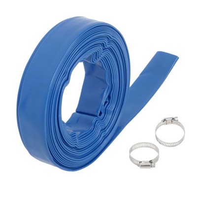 Discharge Hose 1-1/4'' x 50FT PVC，Fabric Lay Flat Hose With 2 Clamps，Blue