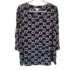 Susan Graver 3X Liquid Knit Layered Tunic Top Midnight Blue White Link Print