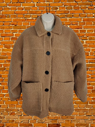 WOMENS PULL & BEAR SIZE EUR SMALL TAN BROWN TEDDY SHERPA BORG SHORT JACKET COAT