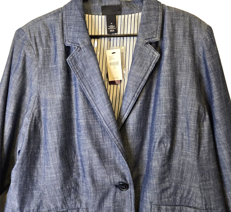 Blazer vaquero exclusivo Lane Bryant para mujer 18 prendedor elástico forro a rayas 1 botón Foto 2 de 4