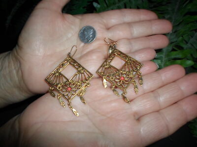 Vintage signed ART - large gold tone dangle - ornate flower - pierced EARRINGS
