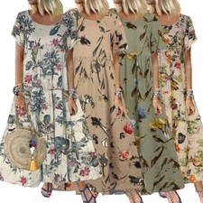 Womens Plus Size Short Sleeve Summer Floral Boho Maxi Dress Kaftan Long Sundress
