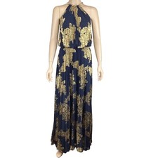 Xscape Maxi Dress Gown SIze 2 Navy & Gold Foiled Pleated Blouson Halter Evening