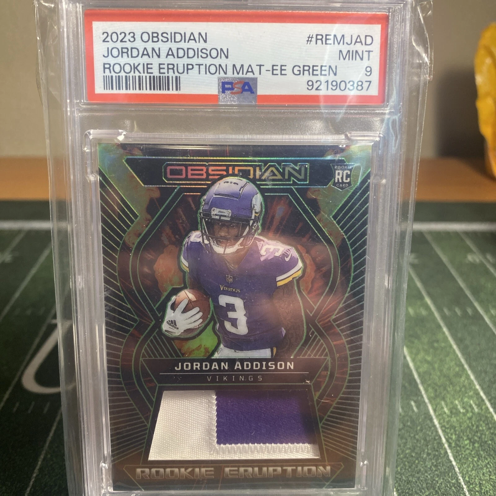 Jordan Addison Panini Obsidian Rookie Eruption Materials #REMJAD Electric Etch Green