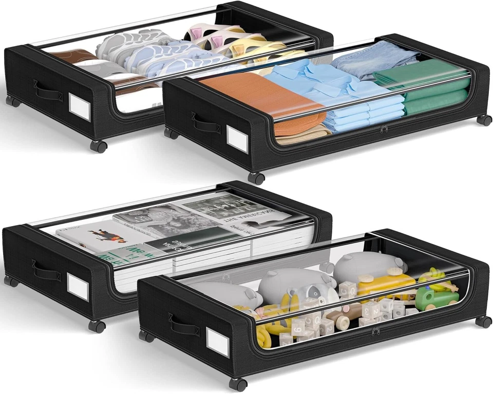GoMaihe XXL Under Bed Storage | 4-Pack Rolling Bins with Clear Lids for Clothes - Image 2 of 4