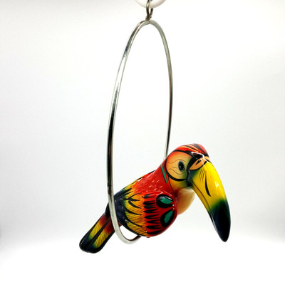 VTG Mexican Ceramic Pottery Toucan Bird on Hanging Perch Talavera Tiki Tropical