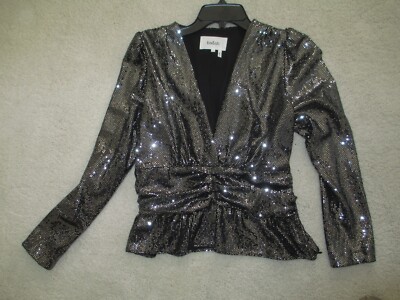 NWT Ba&sh Silver Sequined Black Deep V-Neck Dressy Top Long Sleeves- Size 3
