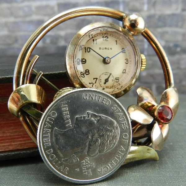 Prendedor/broche reloj Buren floral plateado relleno oro 12K firmado vintage Foto 2 de 4