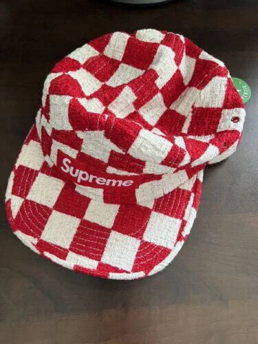 Casquette de camp boucle damier suprême rouge blanc logo boîte neuf AUTHENTIQUE
