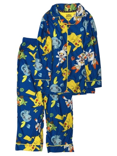 Pokemon Boys Long Blue Flannel Pikachu Pajamas Shirt Sleep Pants Set S (6-7)