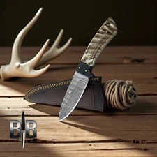 Damascus steel Handmade camping knife with ram horn handle Full Tang Gifting