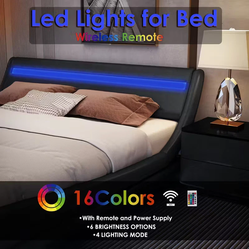 FULL SIZE bed LED-Lit Adjustable Headboard Bed Frame Modern Black Platform Bed - Image 3 of 4