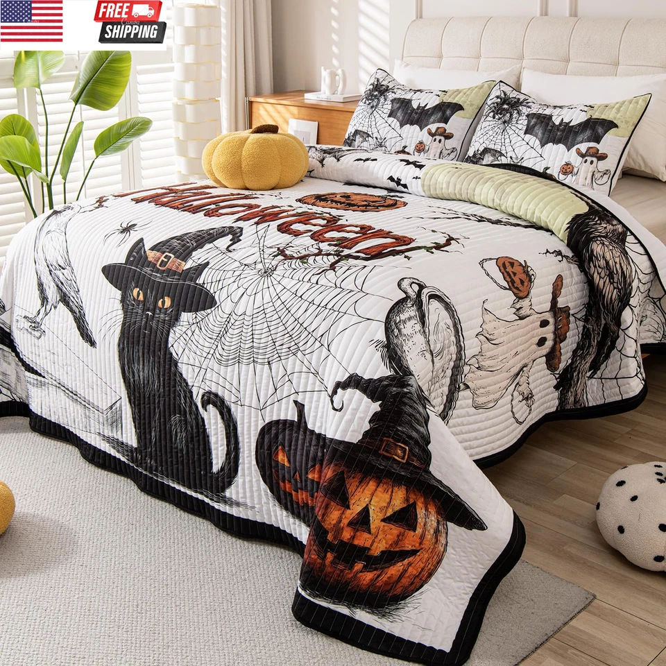 Juego de colcha de edredón de Halloween, 3 piezas tamaño king Halloween murciélago gato negro bomba Foto 3 de 4