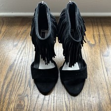 ALICE OLIVIA Womens Black Fringed Gulia Almond Stiletto Leather Heeled 37.5