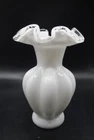 Vintage White Milk Glass Fenton Silver Crest Melon Vase, Double Crimped 6” Tall