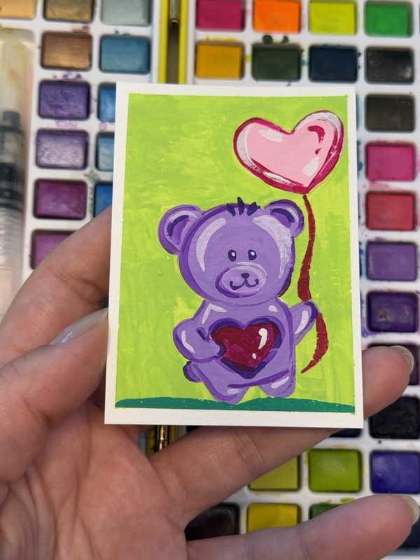 ACEO Original Gouache Painting 2.5x3.5in - Bear And A Heart Balloon -  Mini Art