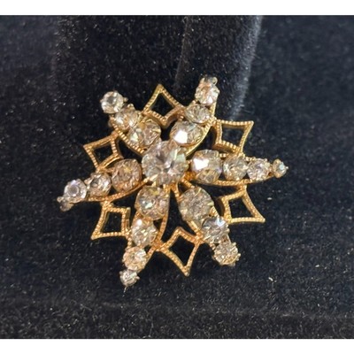 Vintage 6 Star Snowflake Clear Rhinestone Brooch Gold-Toned Sparkly