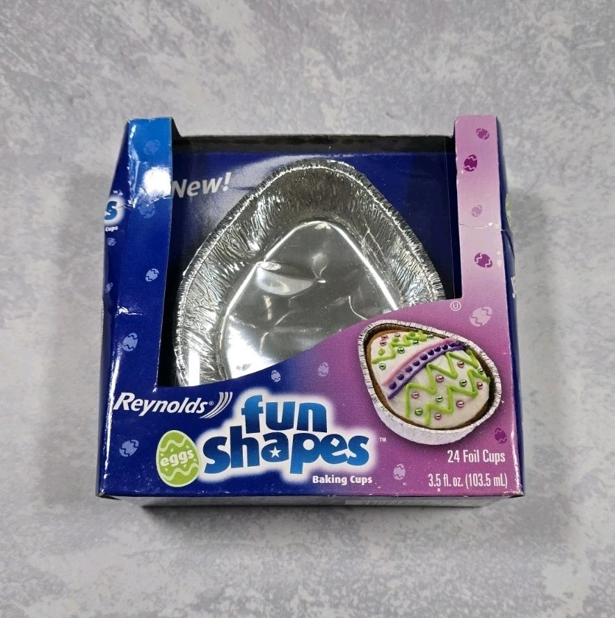 Tazas para hornear Reynolds 2006 Fun Shapes papel aluminio en forma de huevo 3,5 oz (24 tazas de unidades) Nuevo de Lote Antiguo Foto 2 de 4
