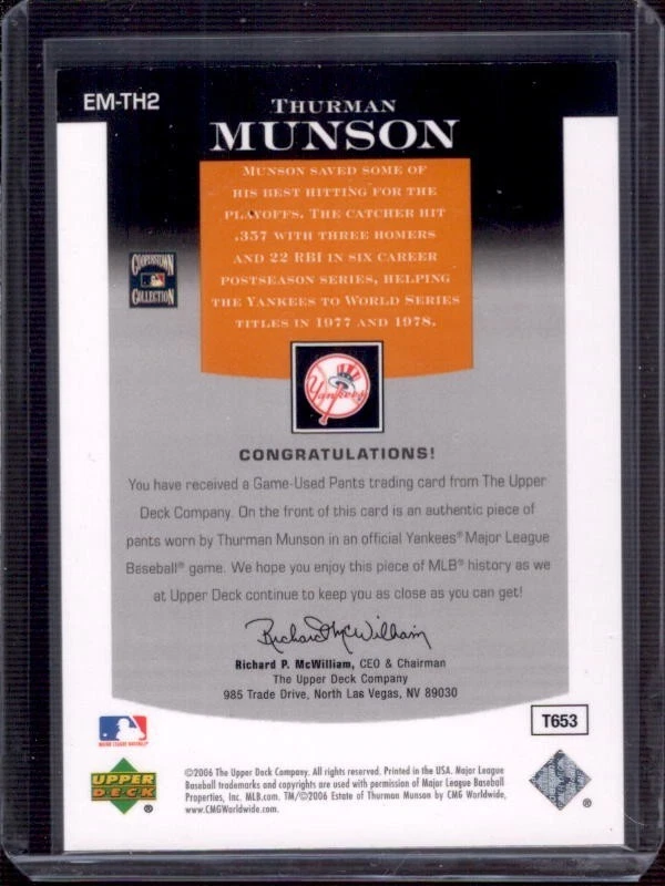 Pantalones Jersey THURMAN MUNSON 2006 Upper Deck Epic Materials Gold Game Usados #24/35 Foto 2 de 2