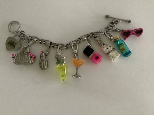 Juicy Couture Charm Bracelet with 8 charms Martini glass lipstick Purse Silver - Afbeelding 1 van 10