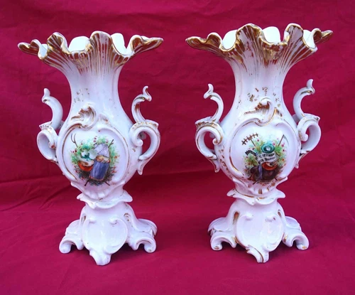 French Gilt Hand Painted Porcelain Pair Vases Violin Drum Paris 1900