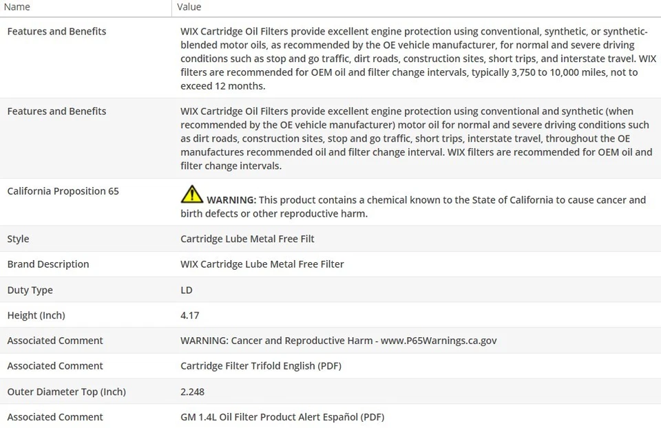 Filtro de aceite tipo fabricante original WIX para Chevrolet Cruze Limited 2016 L4-1,8 L Foto 3 de 4