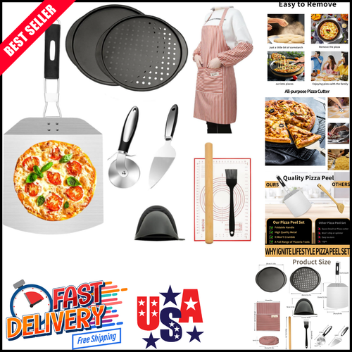 11PCS Pizza Making Kit Stainless Steel Peel, Cutter, Pans & Baking
