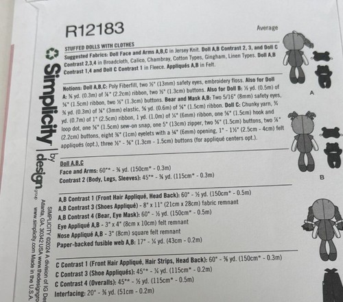 Simplicity Sewing Pattern R12183 Soft Doll and Doll Clothing Toddler Play UC 18" - Picture 5 of 8