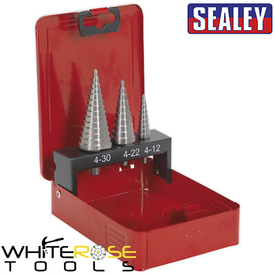 Sealey Bohrer-Set HSS M2 Step 3tlg Doppelflöte Aufbewahrungskoffer verstopfungsfrei