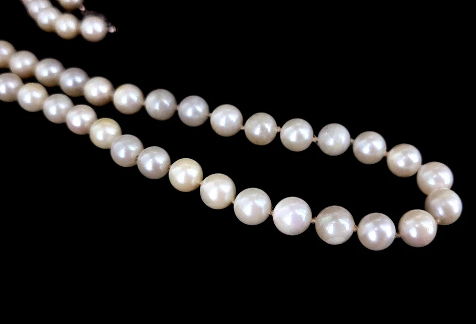 Vintage 14k Oro Bianco 6mm Perla Annodati a Mano 70s Collana con Perline 57.1cm - Immagine 2 di 4