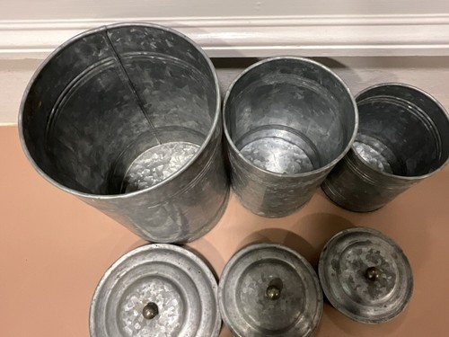 Country Rustic Nested Round Tall Galvanized Canisters With Lids Set of 3 - Picture 3 of 5