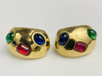 Vintage CINER Blue Red Green Rhinestone Cabochon Clip on Earrings Gold Tone